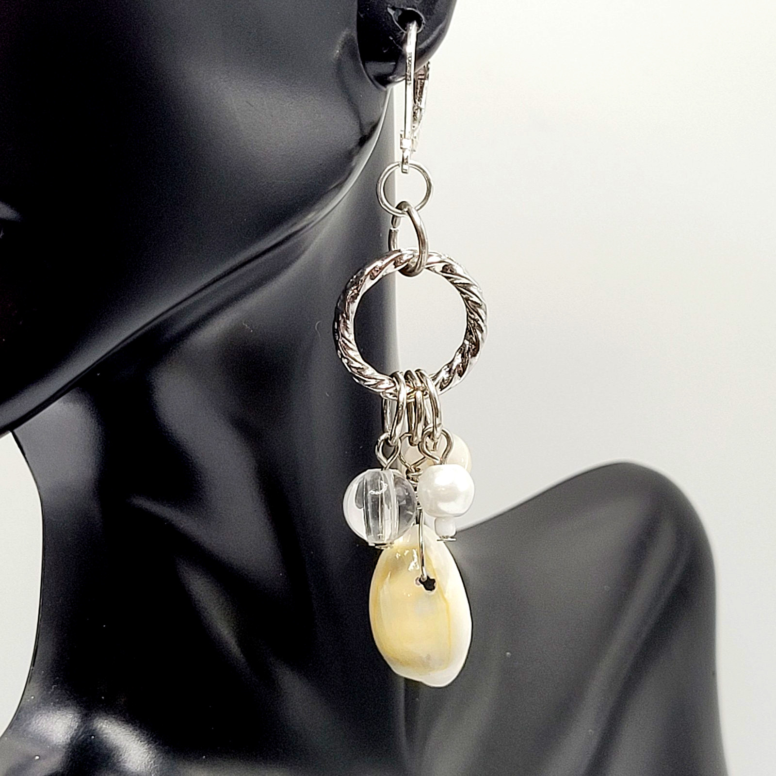 Handcrafted Boho Cowrie Shell Dangle Earrings Silver Tone Cluster Beaded Coastal