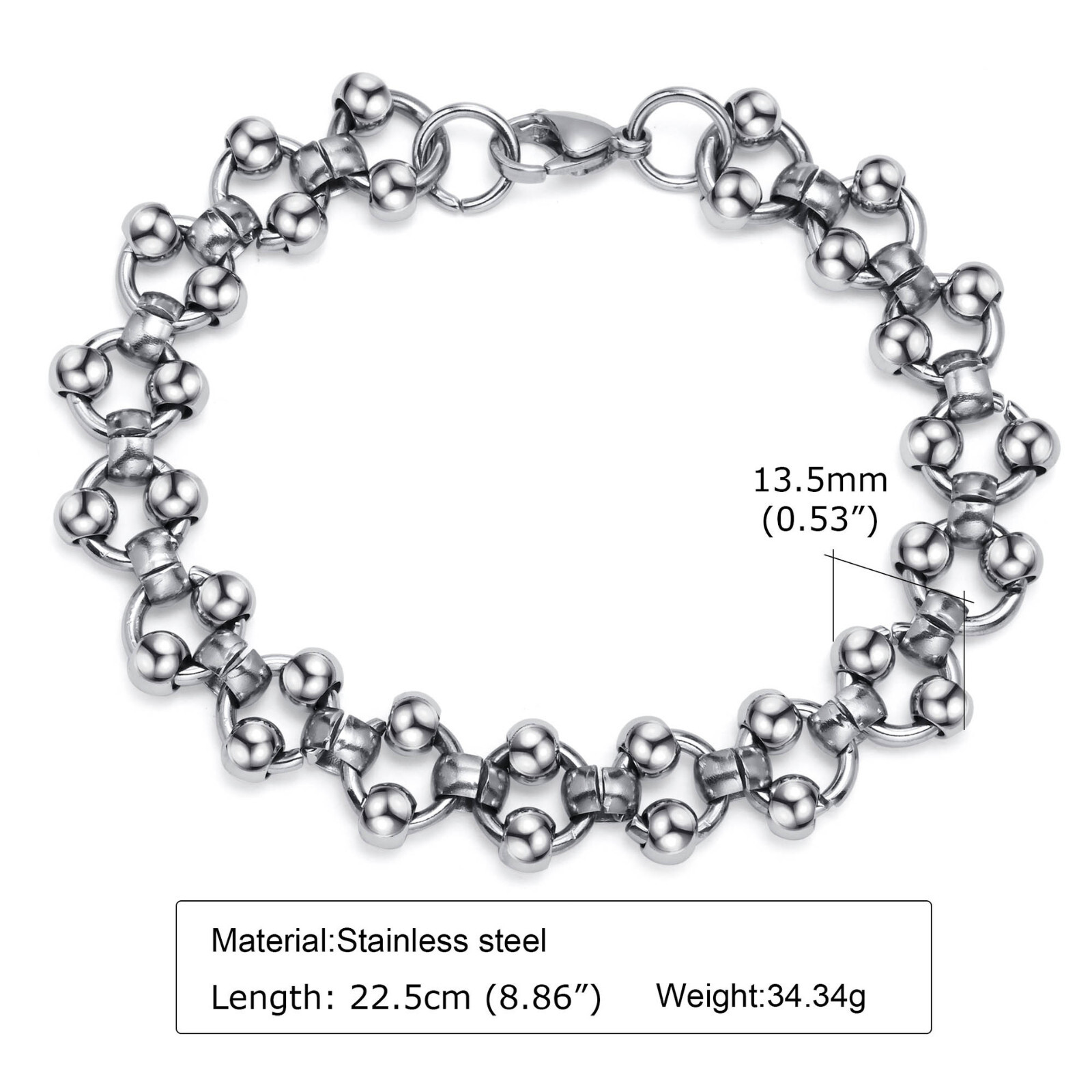 Stainless steel Fashion Rolo Chain Ball Bracelet For Mens Women 13.5mm 8.86”