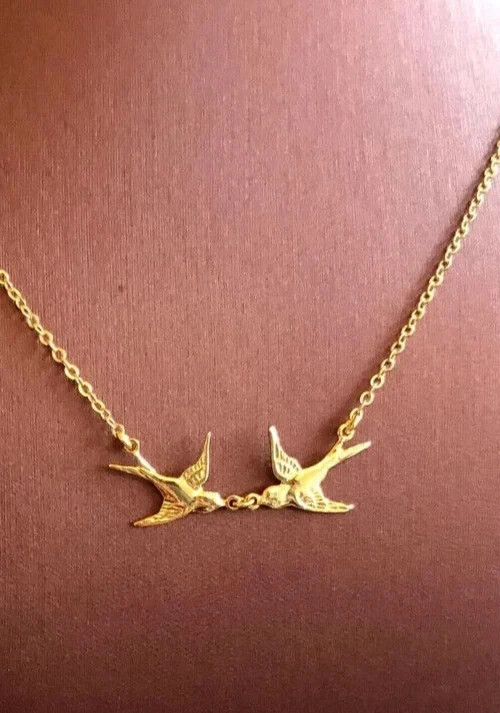 Flying Kissing Swallow Bird Necklace 925 Sterling Silver 14K Yellow Gold Plated