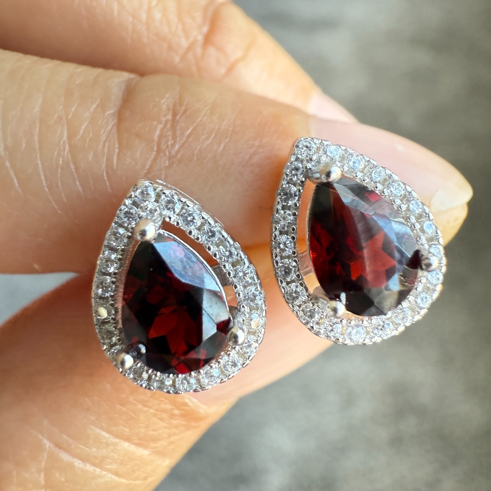 925 Sterling Silver Earrings 7x5mm Rhodolite Garnet Zircon Teardrop Handmade Red