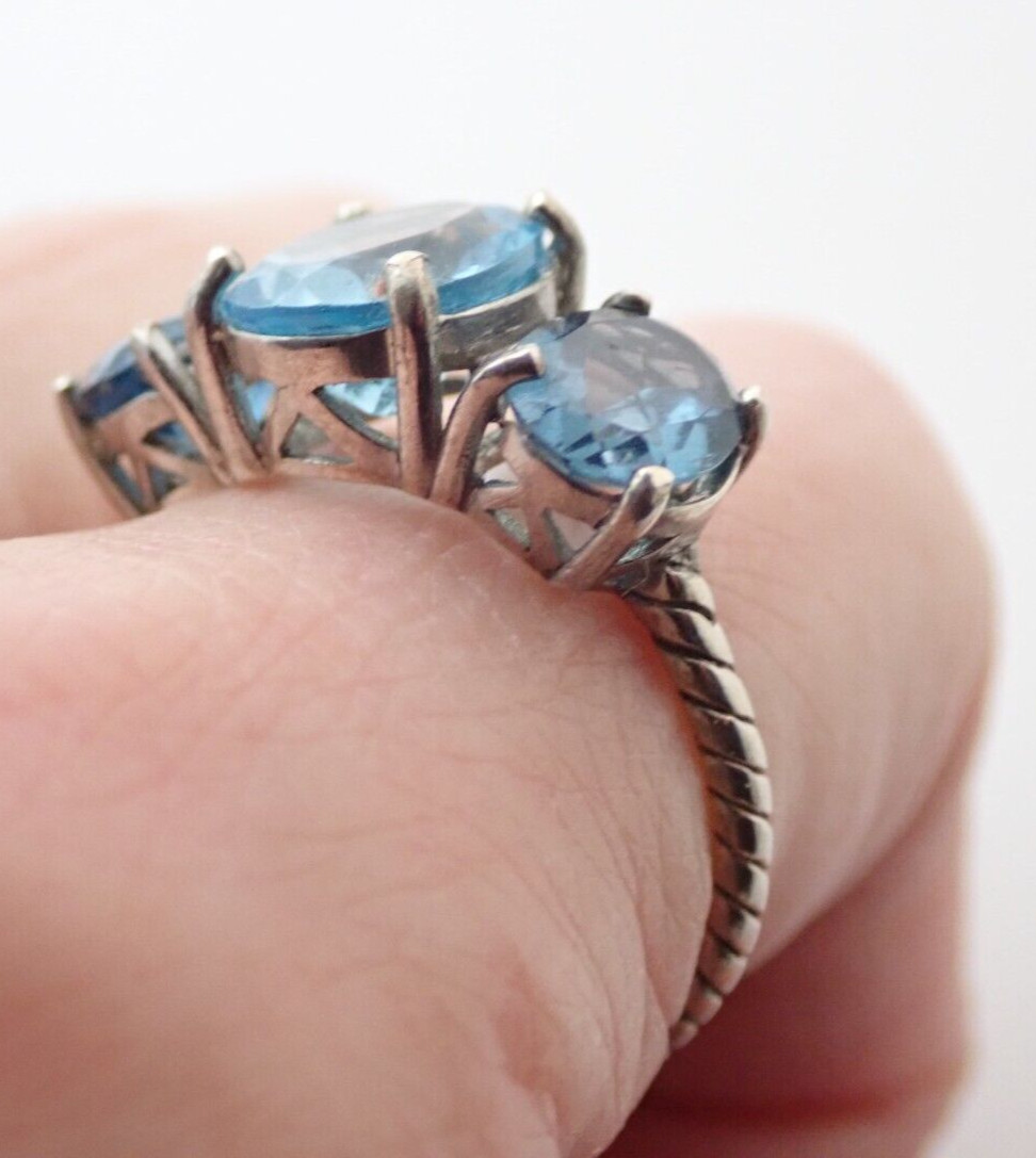 Designer Signed A 3 Stone Blue Topaz Gemstone Roped Sterling Band Ring Sz 9.75
