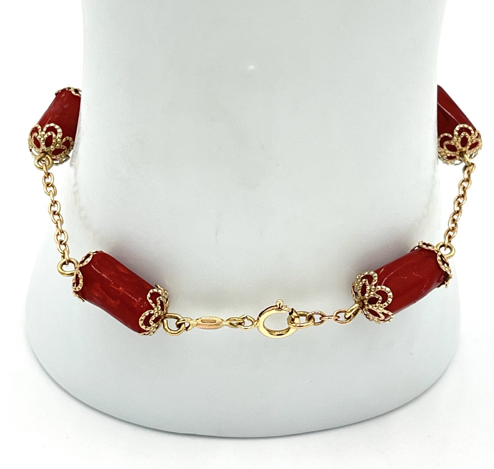 Handmade 14kt Gold Barrel Mediterranean Red Coral Bracelet