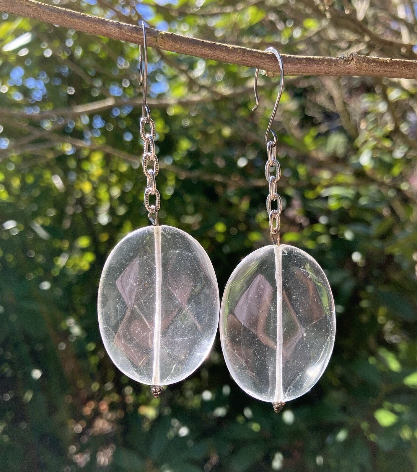 Round Faceted Clear Quartz Dangle Earrings, Artisan made, 3.5 inches long