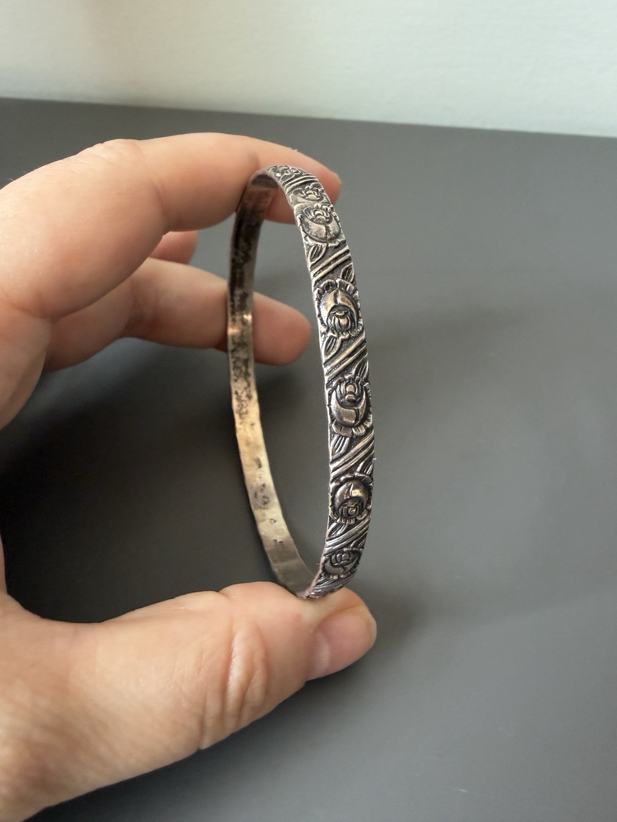 BEAU 925 Sterling Silver Engraved Floral Bangle Bracelet Signed No Stone