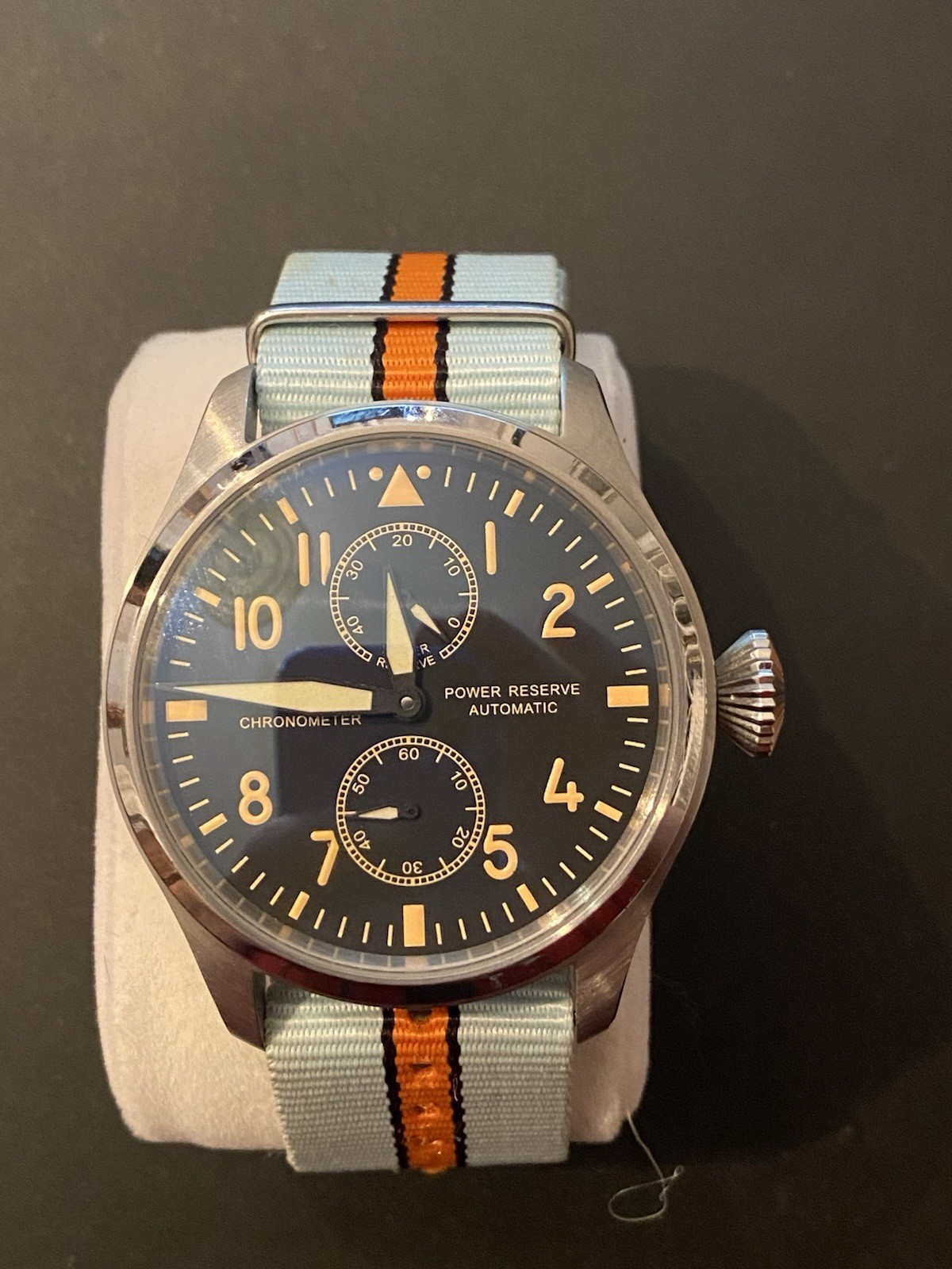 Automatic Power Reserve Pilot Watch Blue Dial Exhibition Caseback Nylon Strap