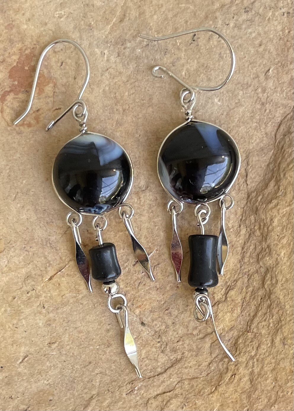 Peruvian Black White Swirl Glass Necklace Black Glass Earrings Set Hand-crafted