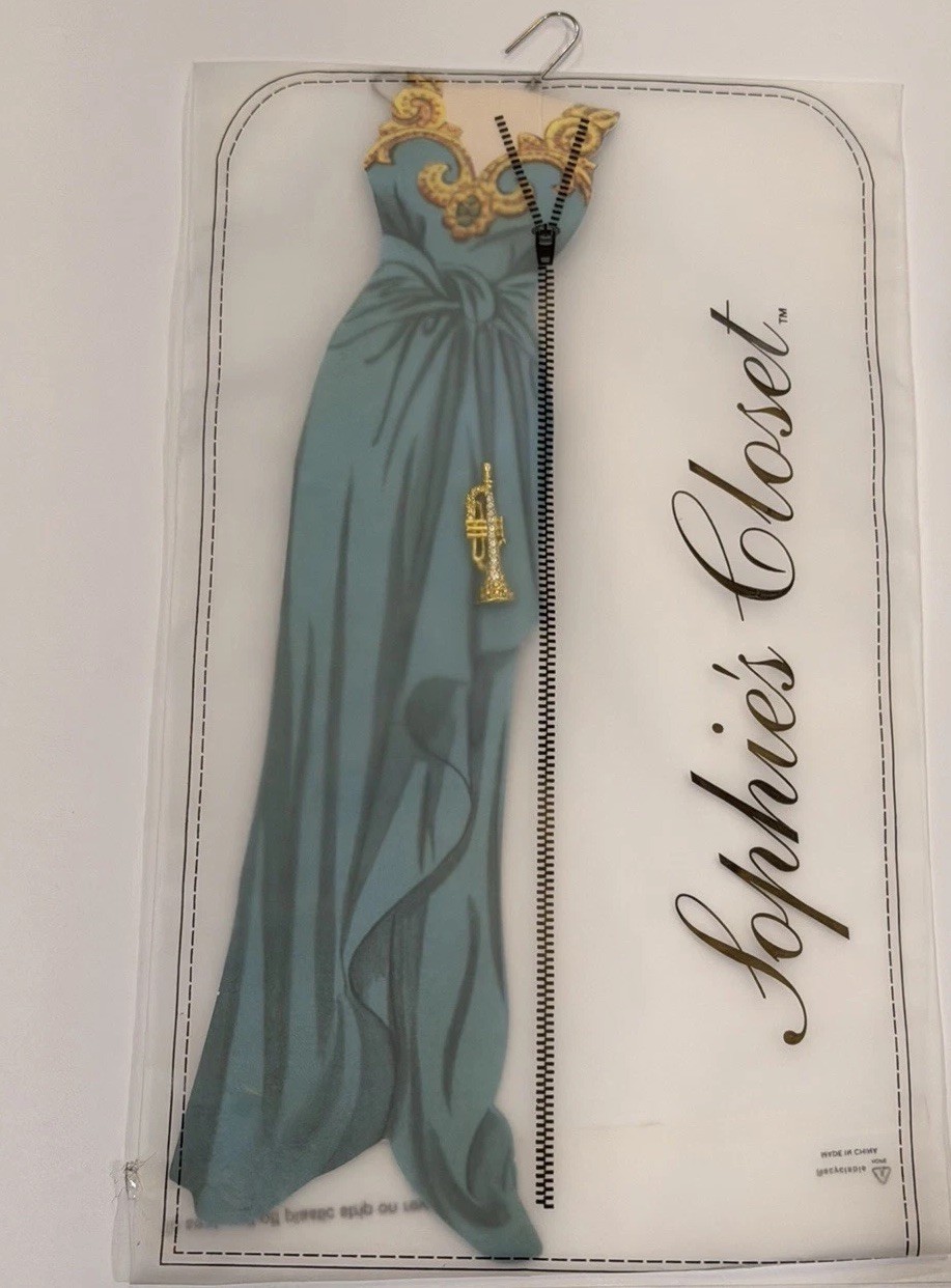 Sophie’s Closet blue Grecian gown greeting card and gold gemmed trumpet brooch