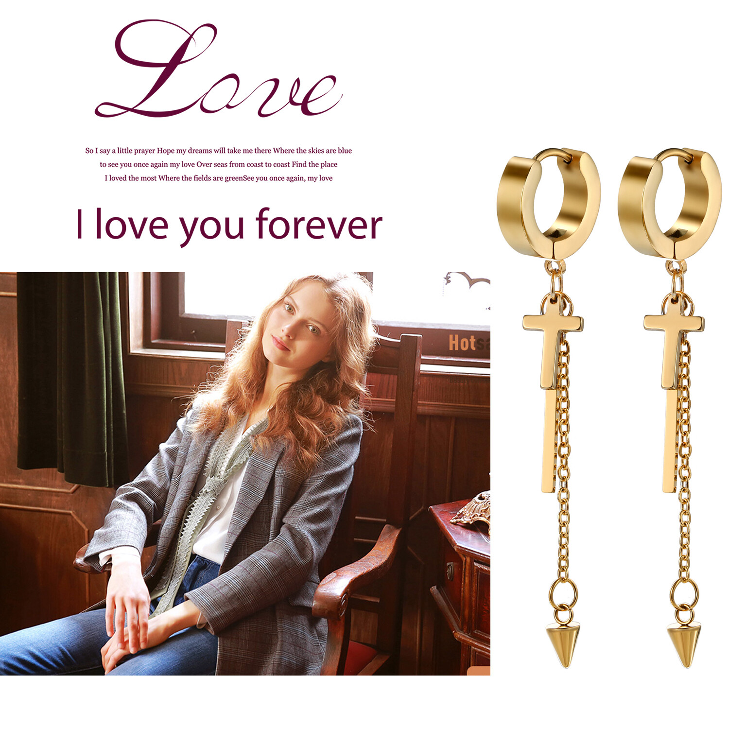 2-6pcs Unisex Long Dangle Cross Spike Huggie Hoop Stainless Steel Stud Earrings