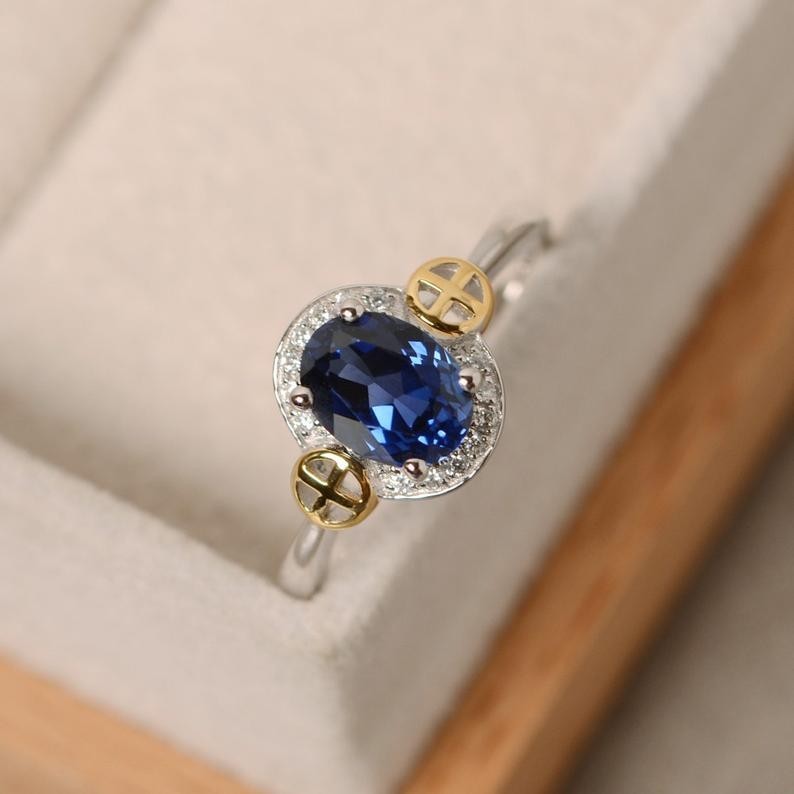 1.16 Ct Oval Cut Natural Sapphire Diamond Wedding Ring 14K White Gold Size 8