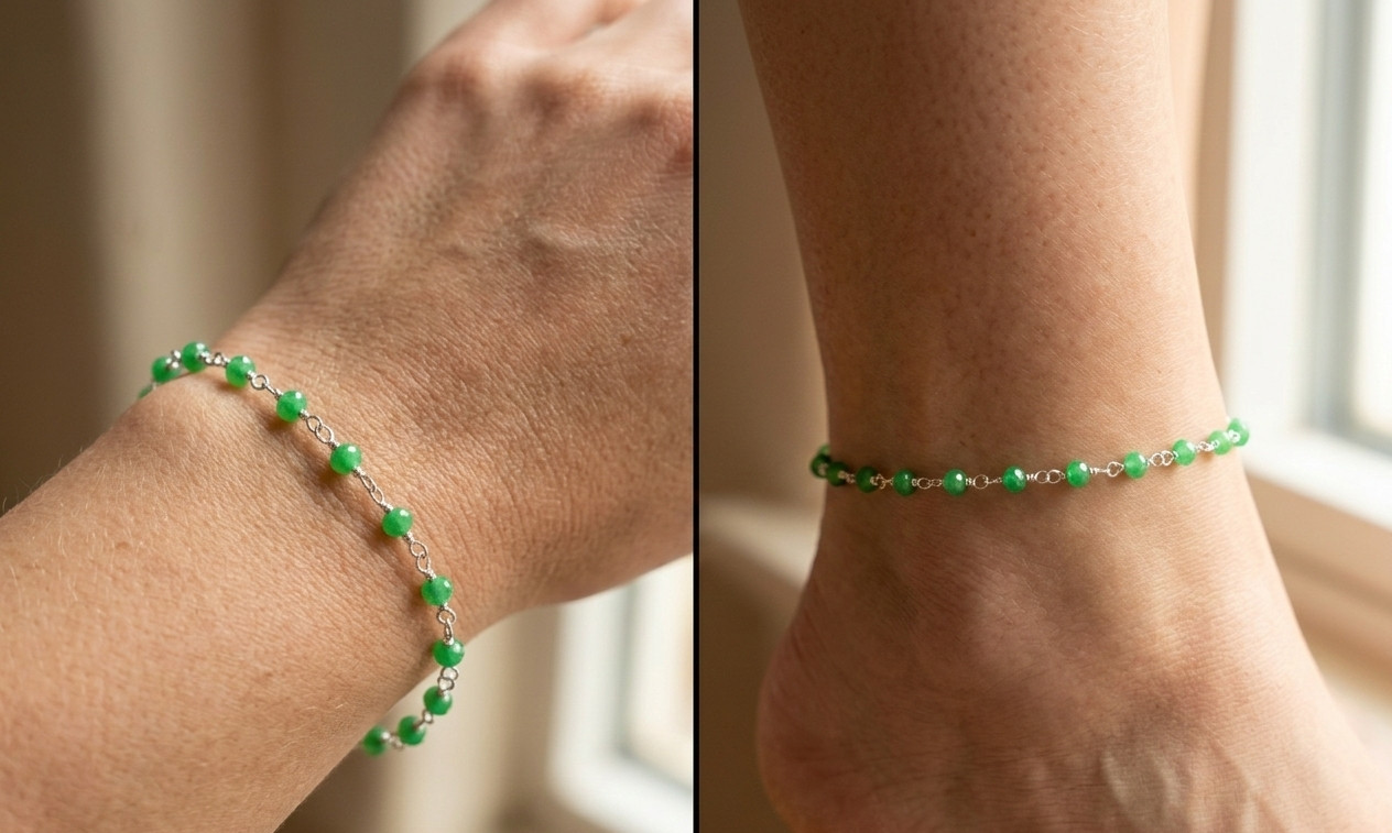 Chic Emerald Green Bead Boho Anklet | Silver Tone Brass Chain Designer Anklet