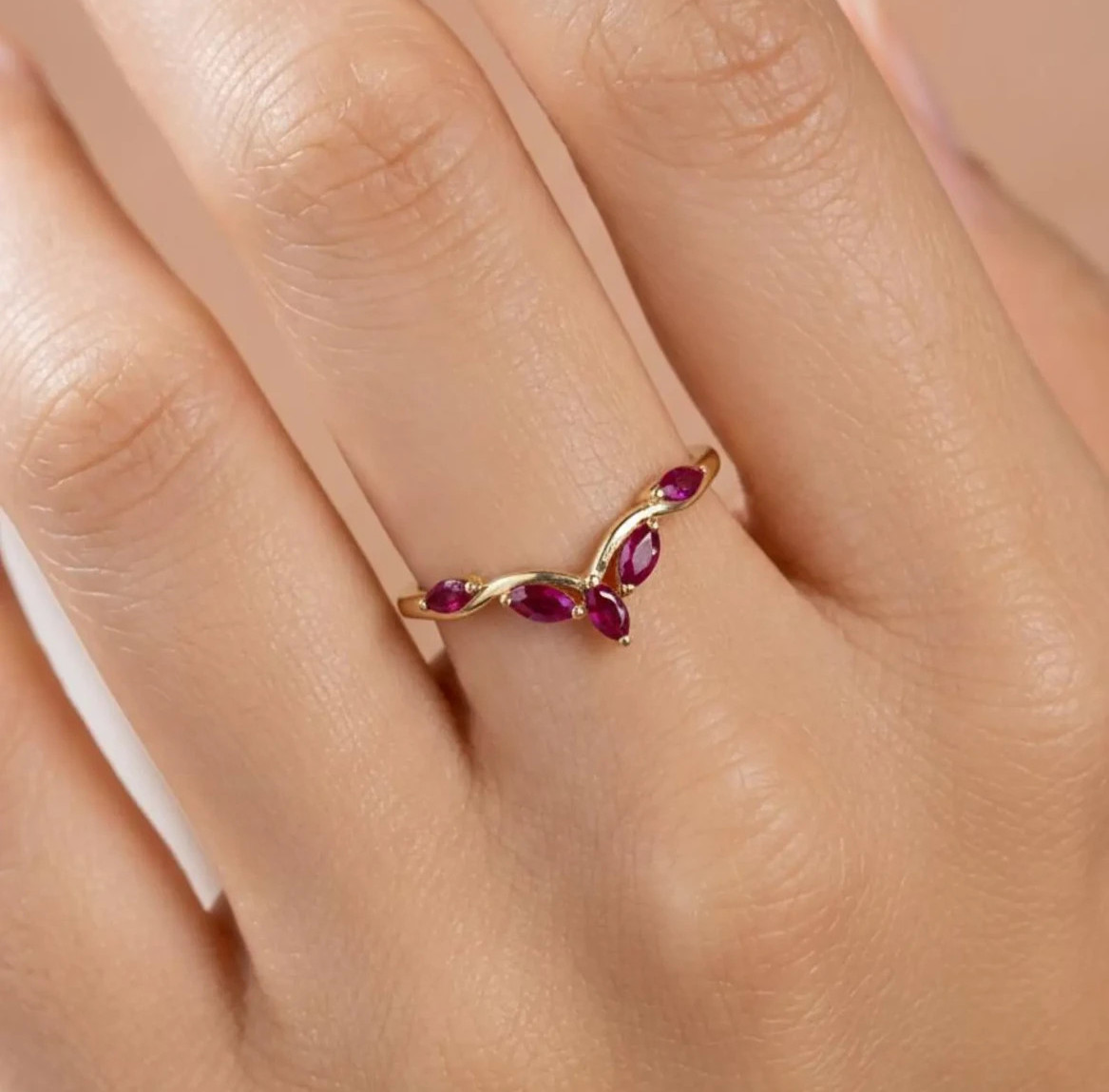 Lab Created Ruby Cluster Band V-Shaped Ring 925 Sterling Silver Gold Plated Ring