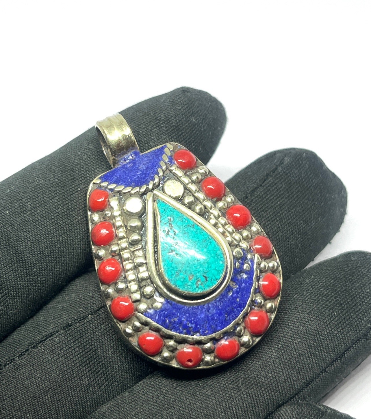 Red Coral, Turquoise Gemstone Tibetan Style Boho Pendant Jewelry, 1.6 inch