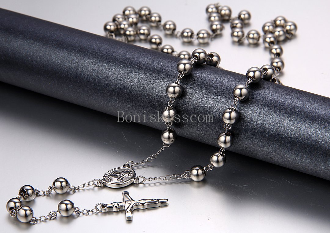 Stainless Steel Jesus Christ Crucifix Cross Rosary Bead Chain Pendant Necklace