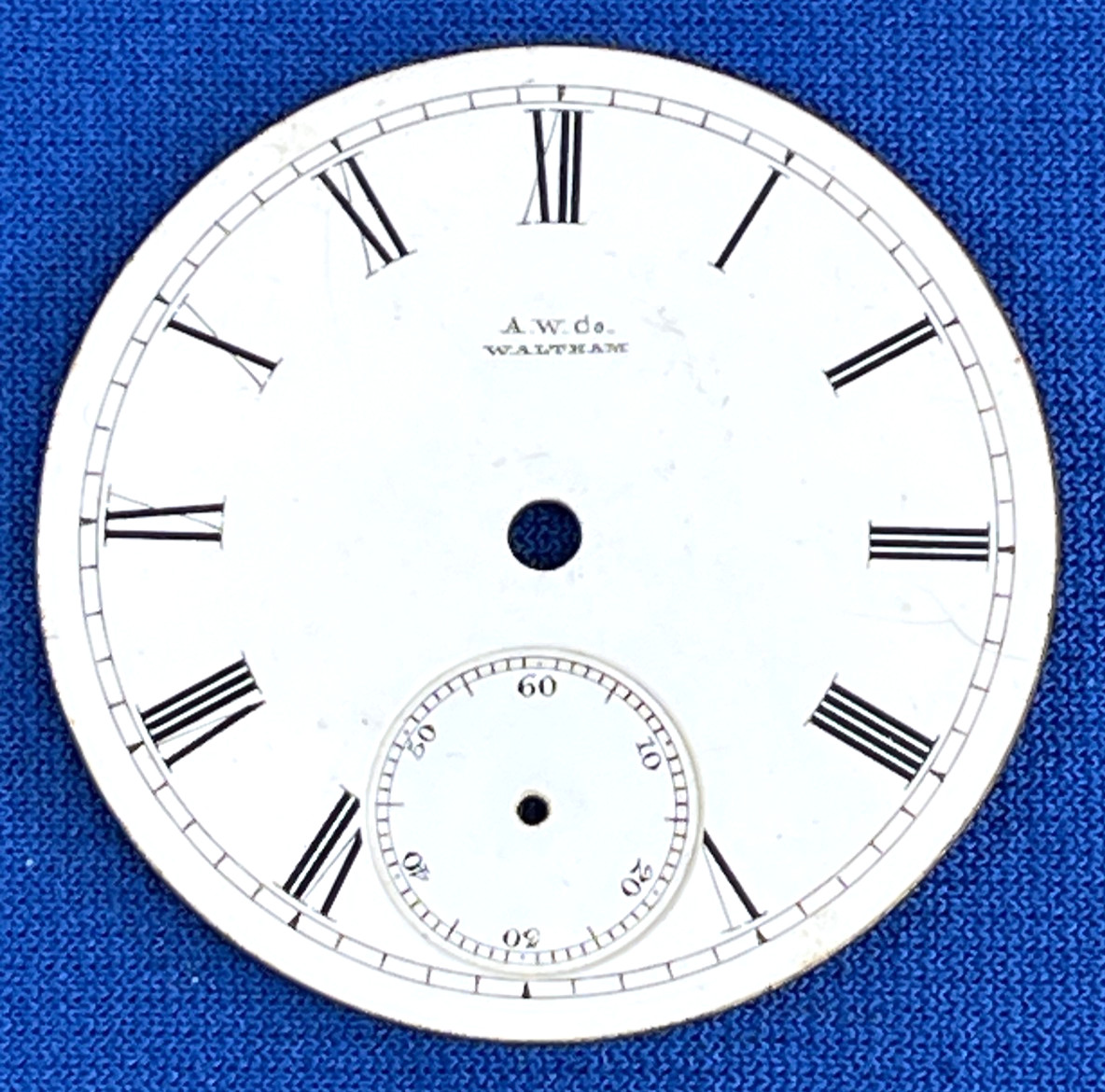 A W Waltham Single Sunk Roman Numeral Pocket Watch Enamel Dial 45.4mm