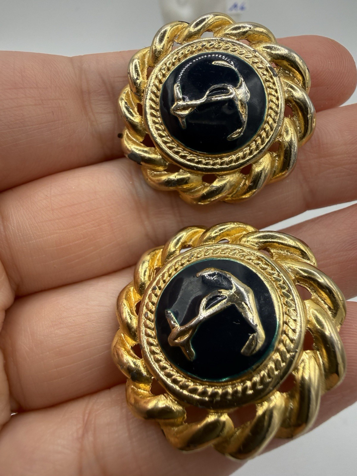 Vintage Gold Tone Navy Anchor Black Enamel Clip On Earrings Nautical Retro