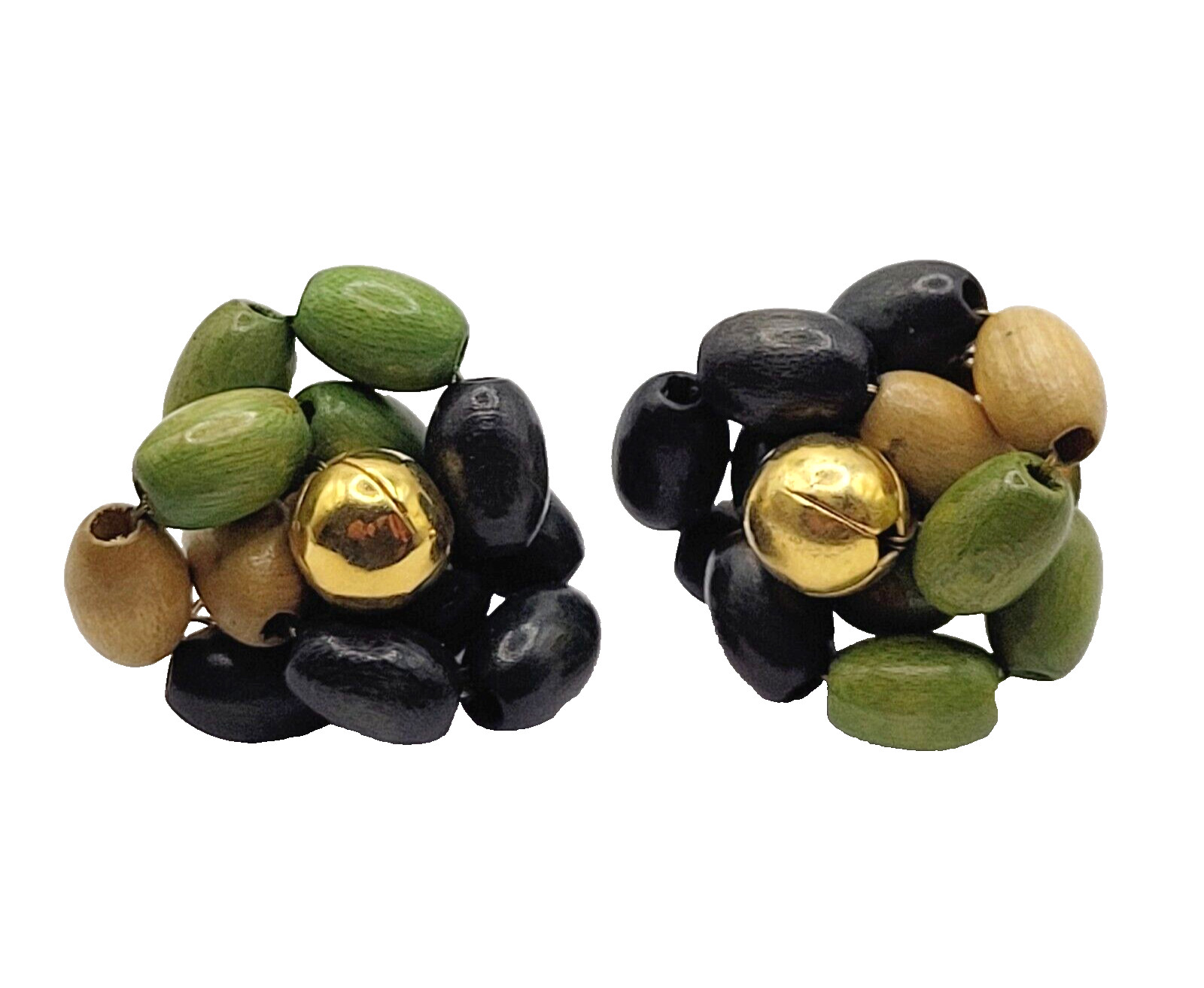 Hand Beaded Wood Bead Olive Black Tan Oval Cluster MCM 1950s Screw Back Earrings