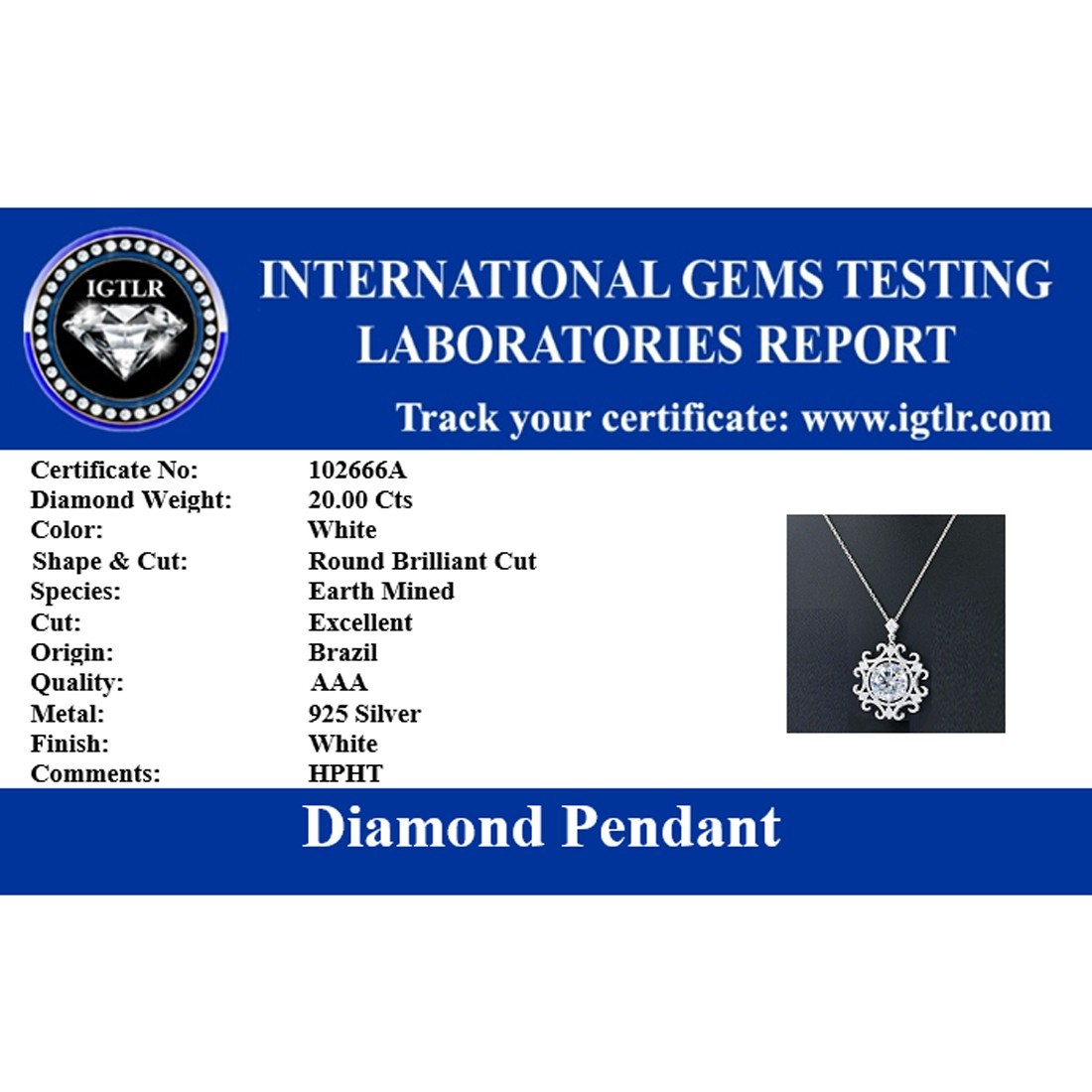 RARE 20.00 Ct White Treated Diamond Solitaire Pendant-FREE Diamond Studs !