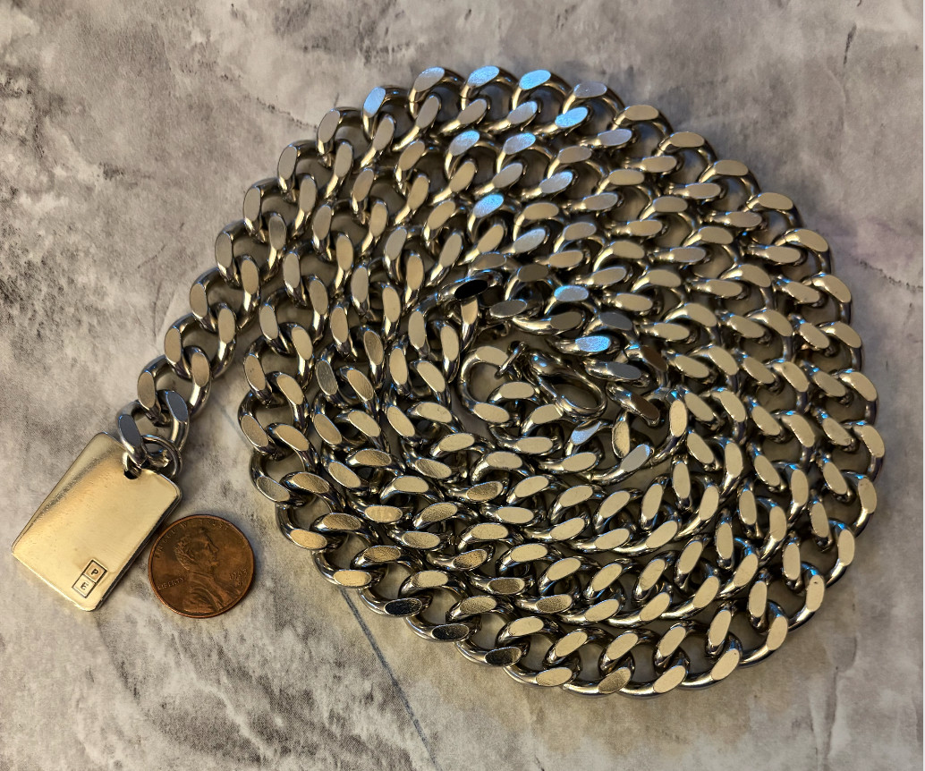 Chunky Miami Cuban Link 40 in Chain Stainless Steel w P E Engraved ID Tag
