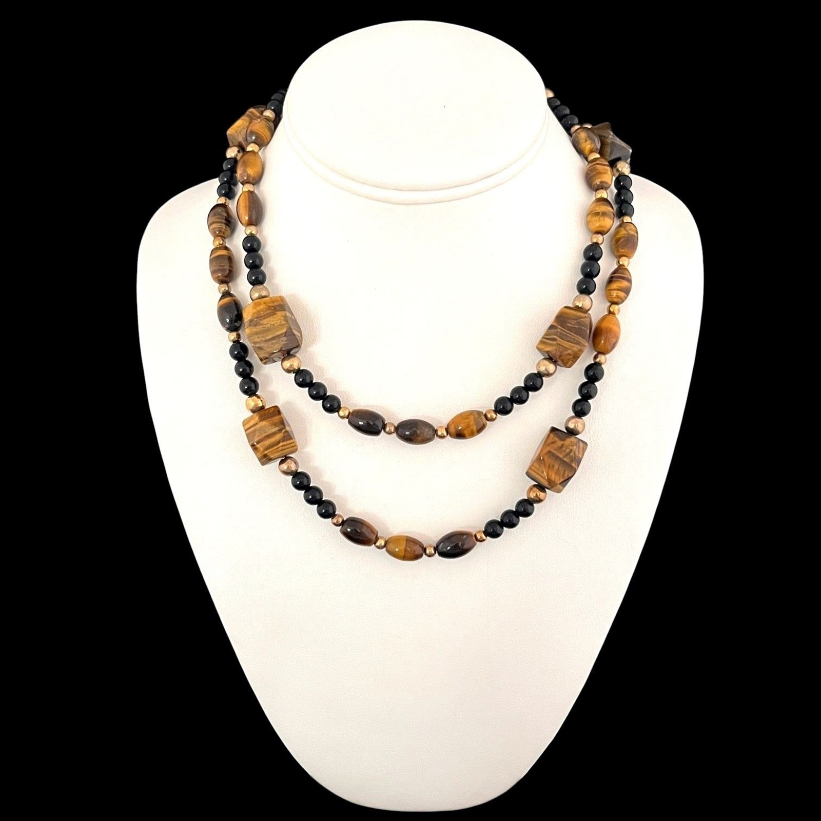 Contemporary Tiger’s Eye Black Bead Long Necklace 36 Inch – 7F