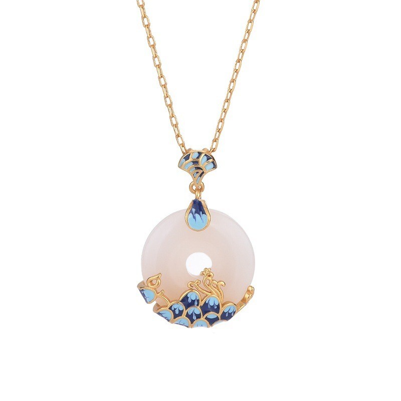 Ivory Jade Pendant Necklace Charm 18K Gold Plated Flower Cloisonne Gemstone