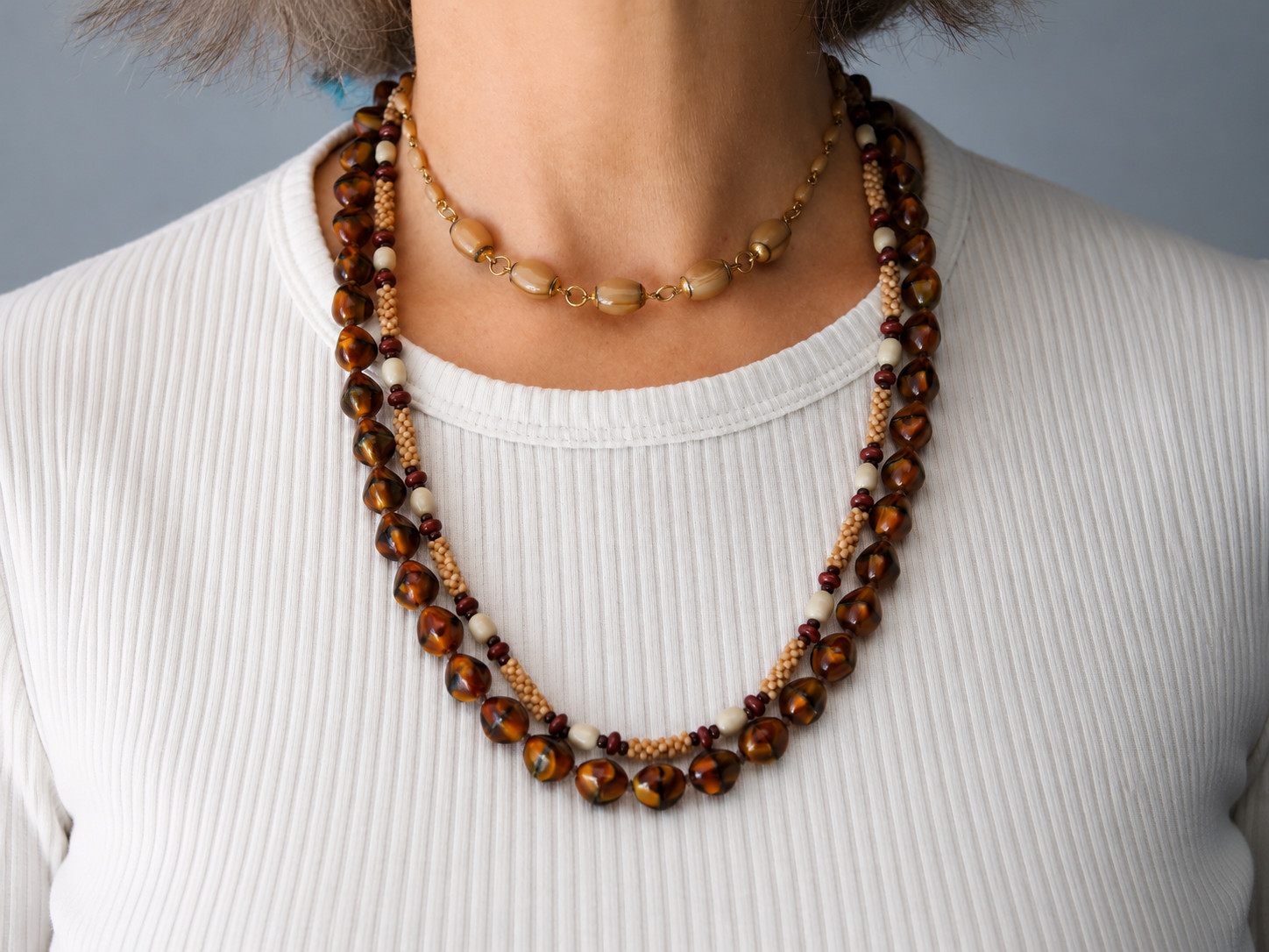 Vintage Czech Glass Necklace Lot 3 Faux Tiger Eye Snake Beads Satin Brown