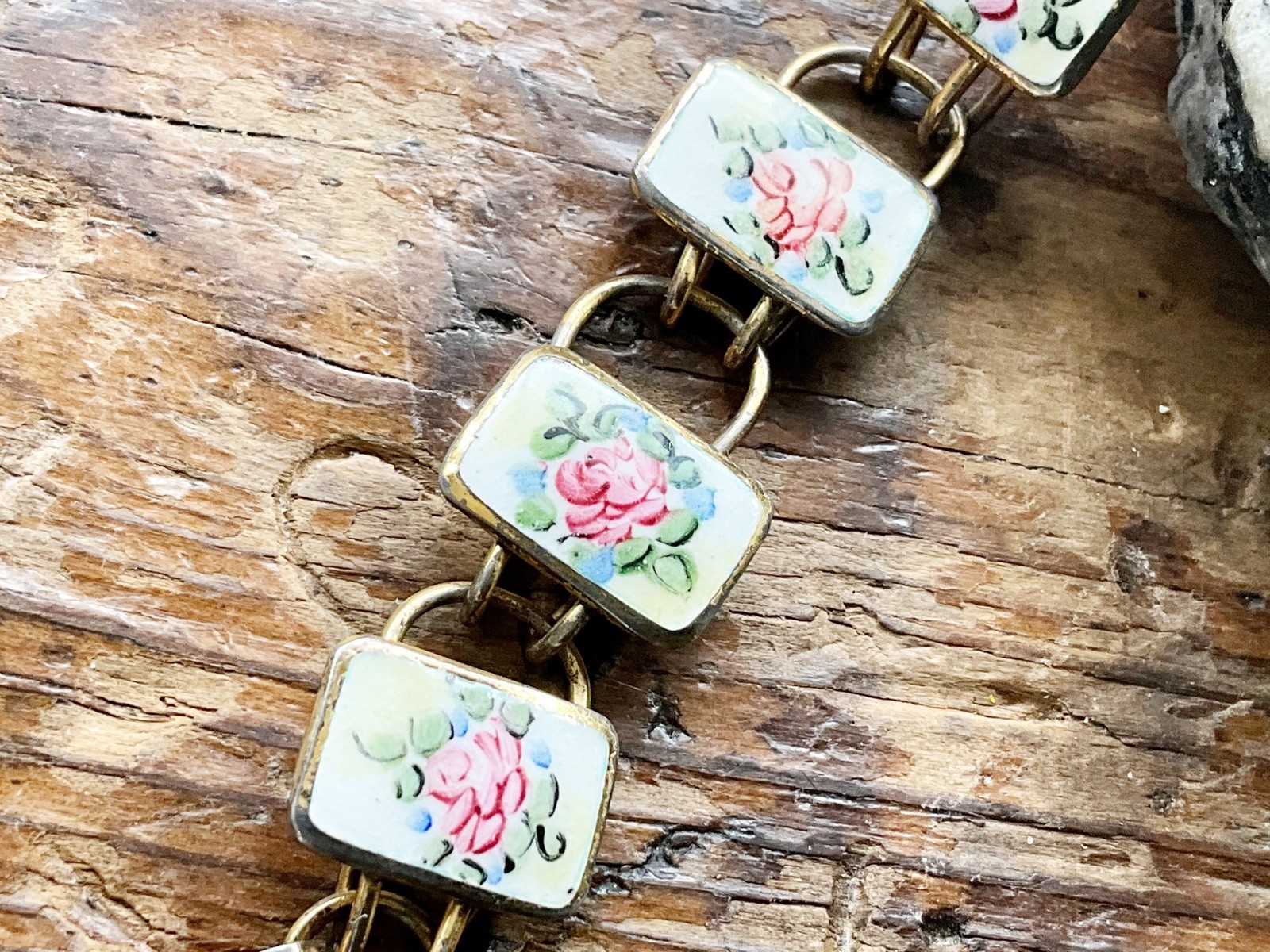 Vintage Bliss Brothers Co. Sterling Vermeil with Enamel PINK ROSES Bracelet