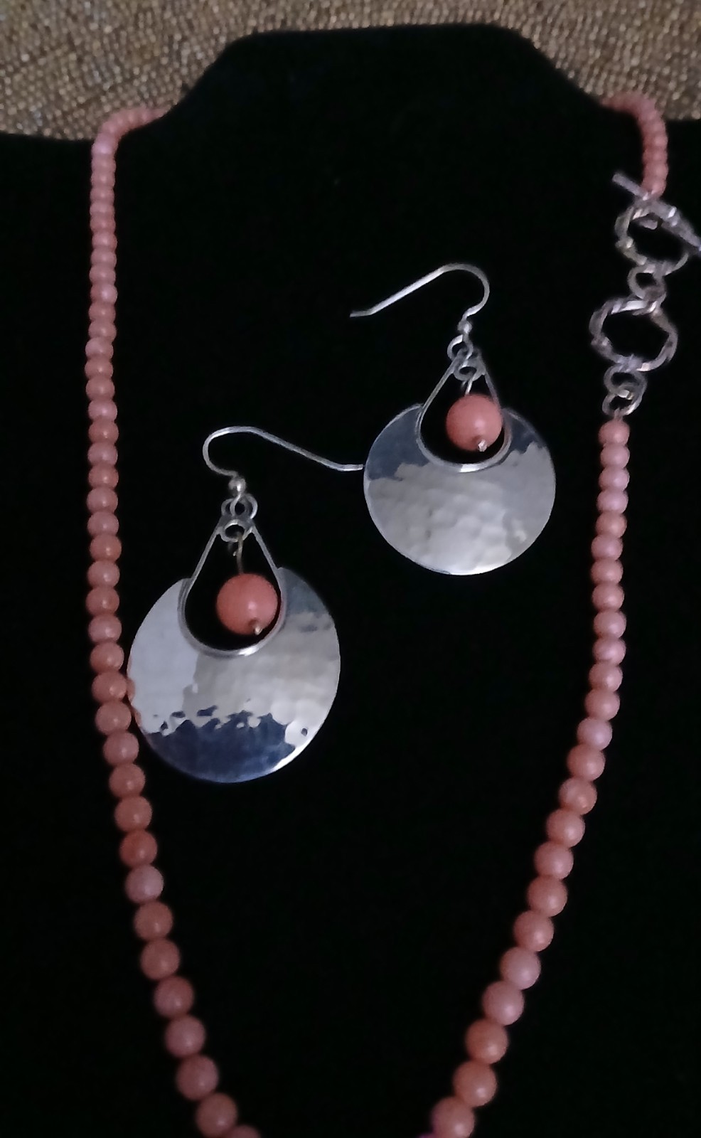 HSN DDD Geometric Pendant & Earrings- Coral Beaded Necklace Set 925