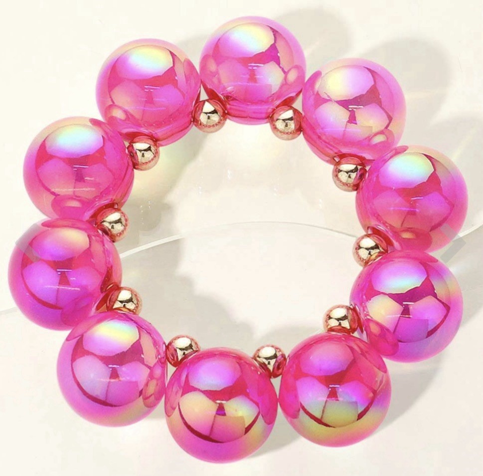 Iridescent Acrylic Beaded Stretch Bracelet Round Beads Multicolor