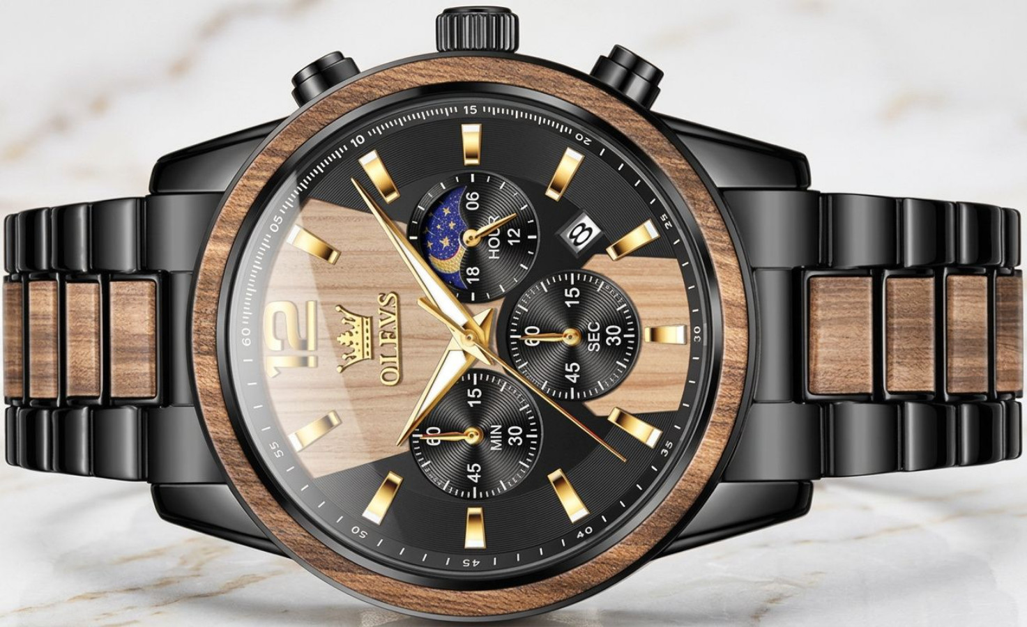 Men Watch Chronograph Quartz Wristwatch Zebra Wood Grain Trim Black 2 Tone Strap