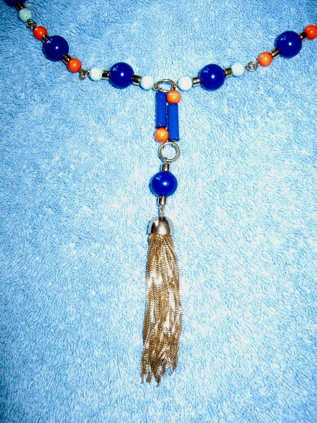 Chain & Beaded Orange & Blues Necklace “T” Logo 19″ Drop w/Metal Tassel Lobster
