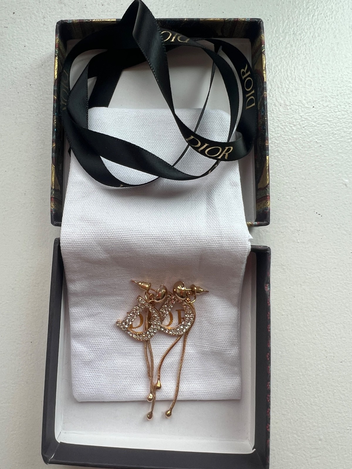 Vintage CHRISTIAN DIOR Gold Tone Crystal Logo Pieced Earrings
