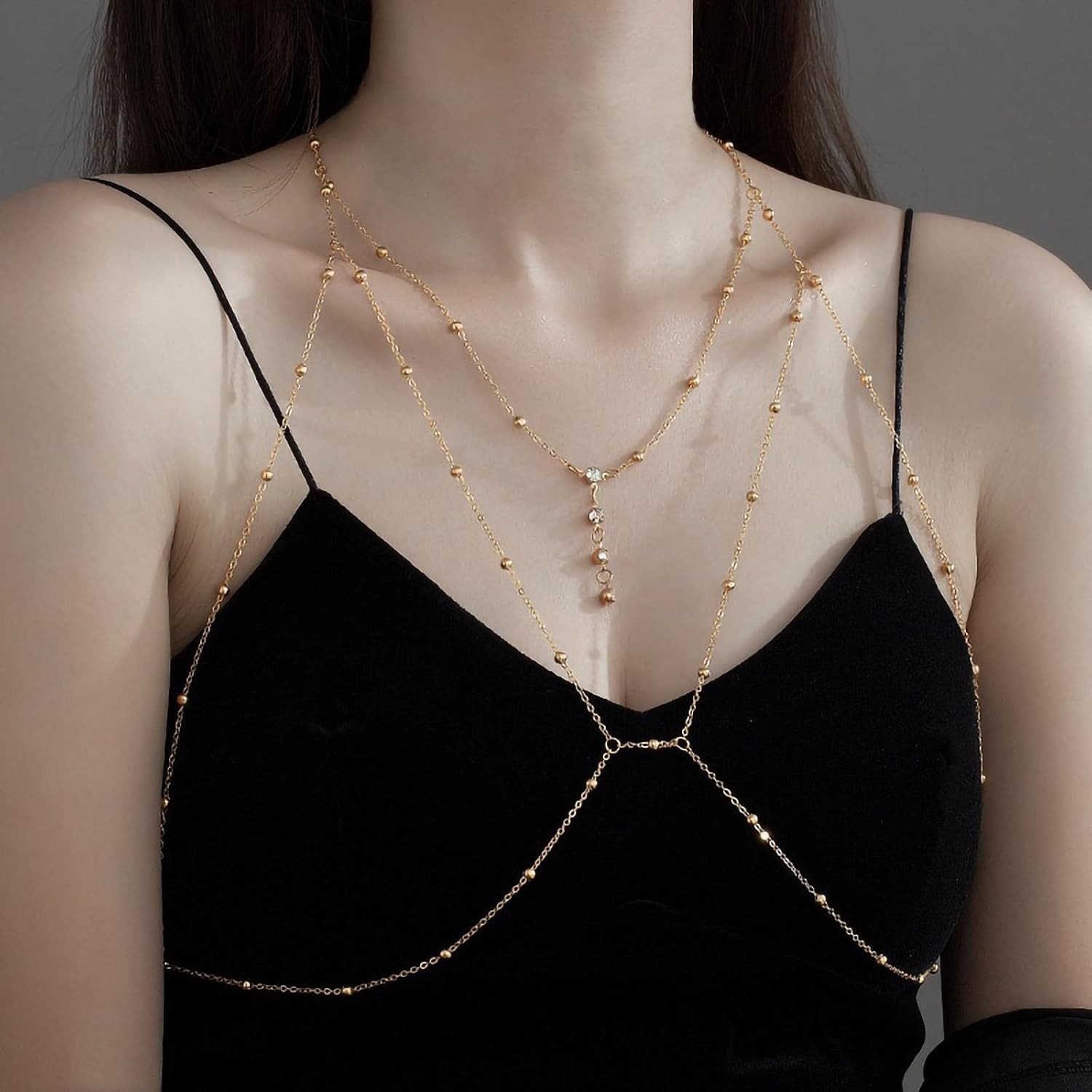Versatile 14K Gold Plated Bikini Bra Chain with Summer Rhinestone Accents