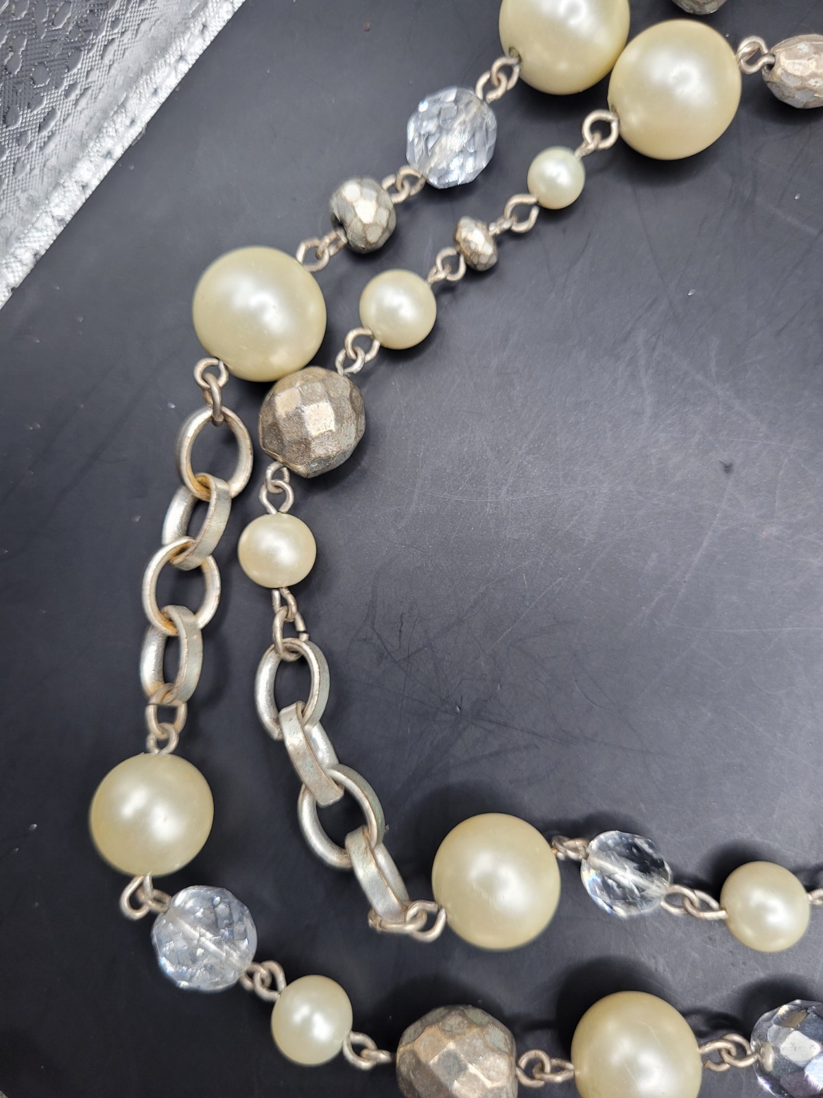 White House Black Market Layered Faux Pearl Bead Necklace Silver Tone