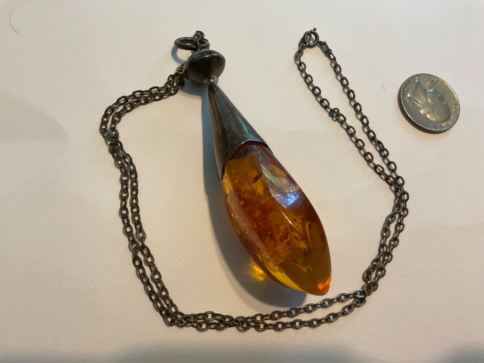 Vintage Massive Baltic Amber Sterling Silver Pendant Drop Necklace 25″