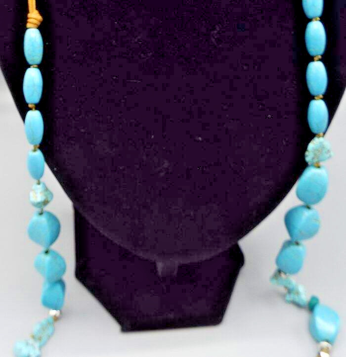Chico’s Faux Turquoise Beads Gold Fabric Tassels Leather Cords Long 38″ Necklace