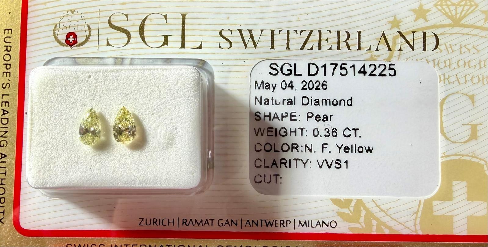 Natural Fancy Yellow Diamond Pair 0.36ct Pear VVS1 SGL Certified 5*3mm
