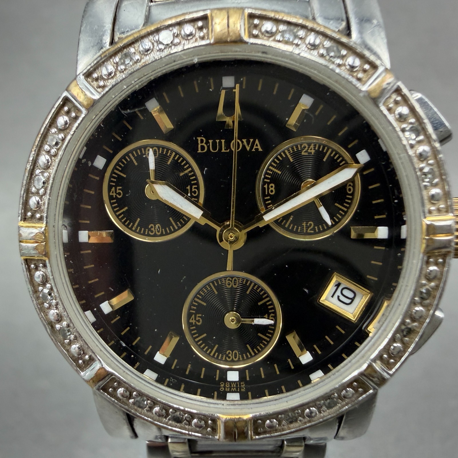 Bulova Chronograph Watch Women 30mm Black Dial Two Tone Date 98W15 New Battery