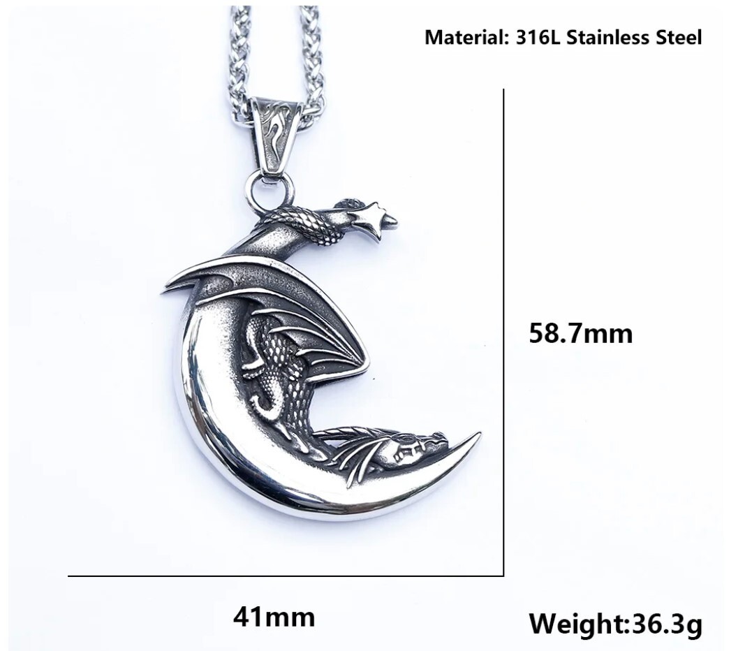 316L Stainless Steel Dragon pendant on Crescent Moon with 60cm chain