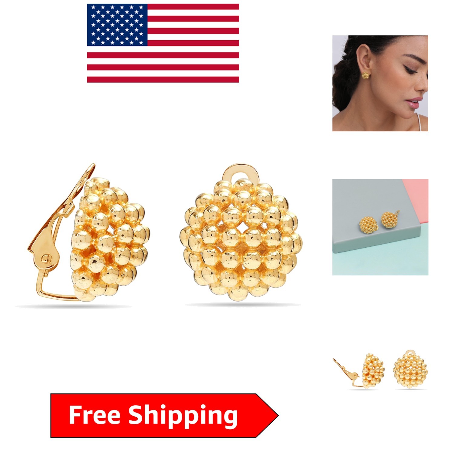 Elegant 925 Sterling Silver Clip-On Earrings for Teens, Yellow-Gold Finish 15MM