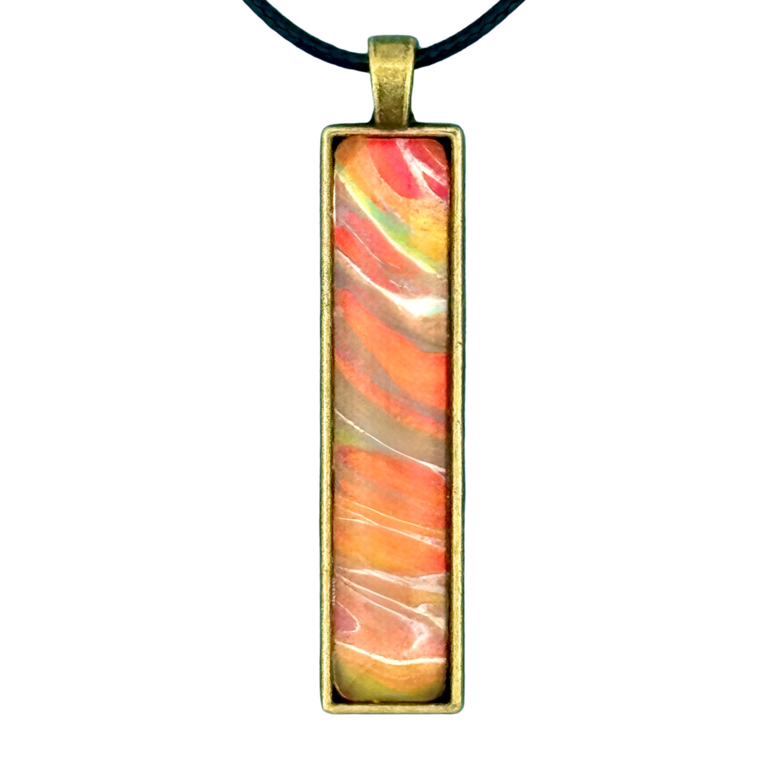Handmade Pendant Necklace “Lava Flow” Long Brass Bezel Glass Black Cord