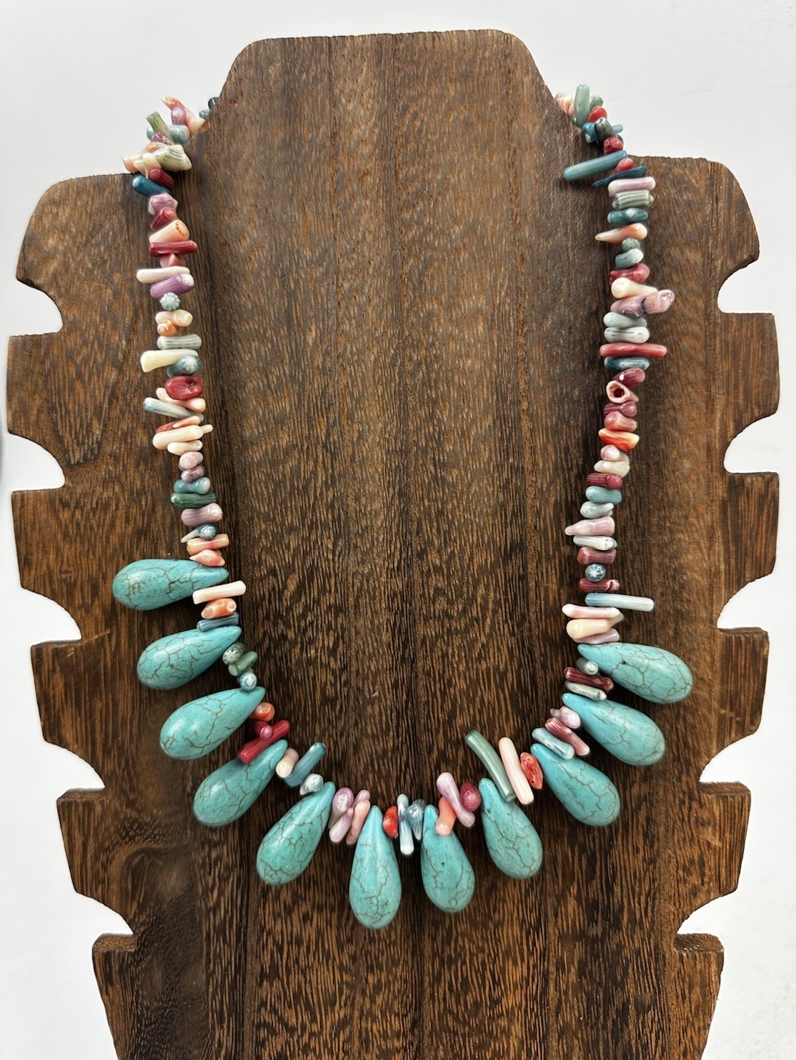 Vintage Turquoise Dyed Howlite & Coral Bead Statement Necklace Colorful Chunky
