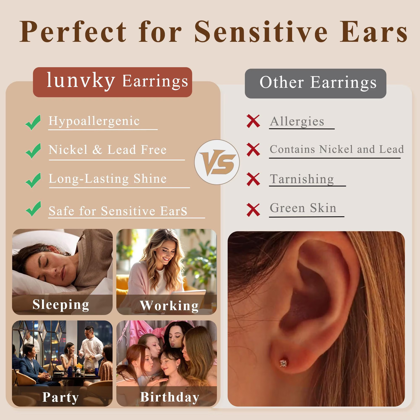 3 Pairs 925 Sterling Silver Hoop Huggie Earrings CZ Hypoallergenic Women Select