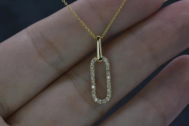 1Ct Round-Cut Moissanite 18” Chain Paperclip Pendant 14K Yellow Gold Plated