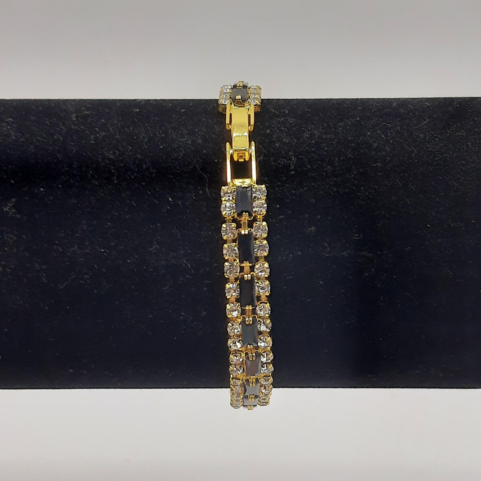 Gold Tone Clear Black Rhinestone Double Row Tennis Bracelet Womens 7in Box Clasp
