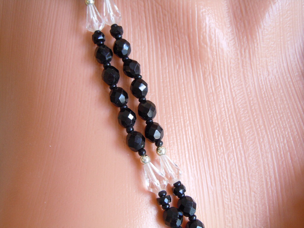 Vintage Necklace Black Glass Faceted Beads Clear Drops 2-Strands 65.5 Cm