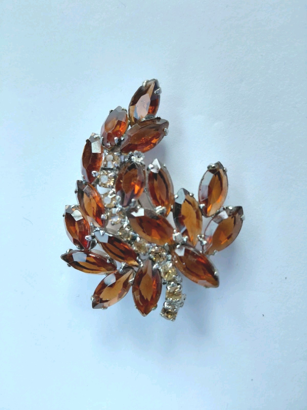Vintage Juliana brooch pin Amber Color Glass Rhinestones Silver Tone Setting
