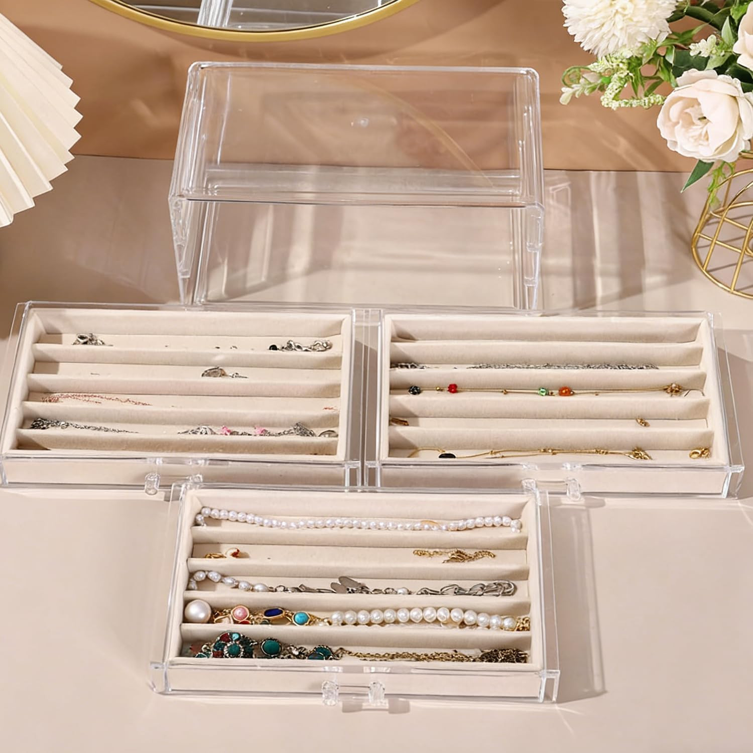 Necklace Organizer Box with Clear Lid, Dustproof Velvet Jewelry Holder Storage D