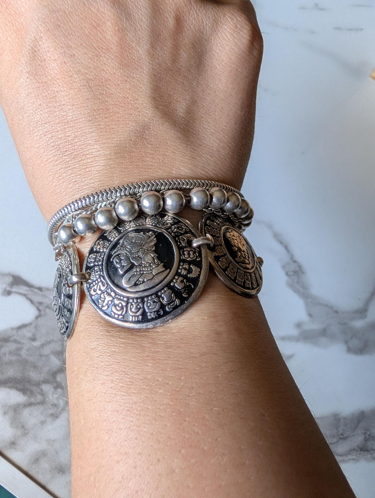 Vintage Mexican Alpaca Mayan Aztec Calendar Medallion Coin Link Bracelet