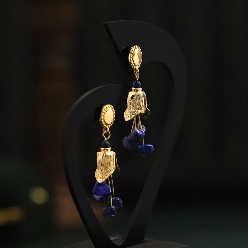 Lapis Lazuli Drop Earrings Gold Plated French Retro Blue Stone Dangle