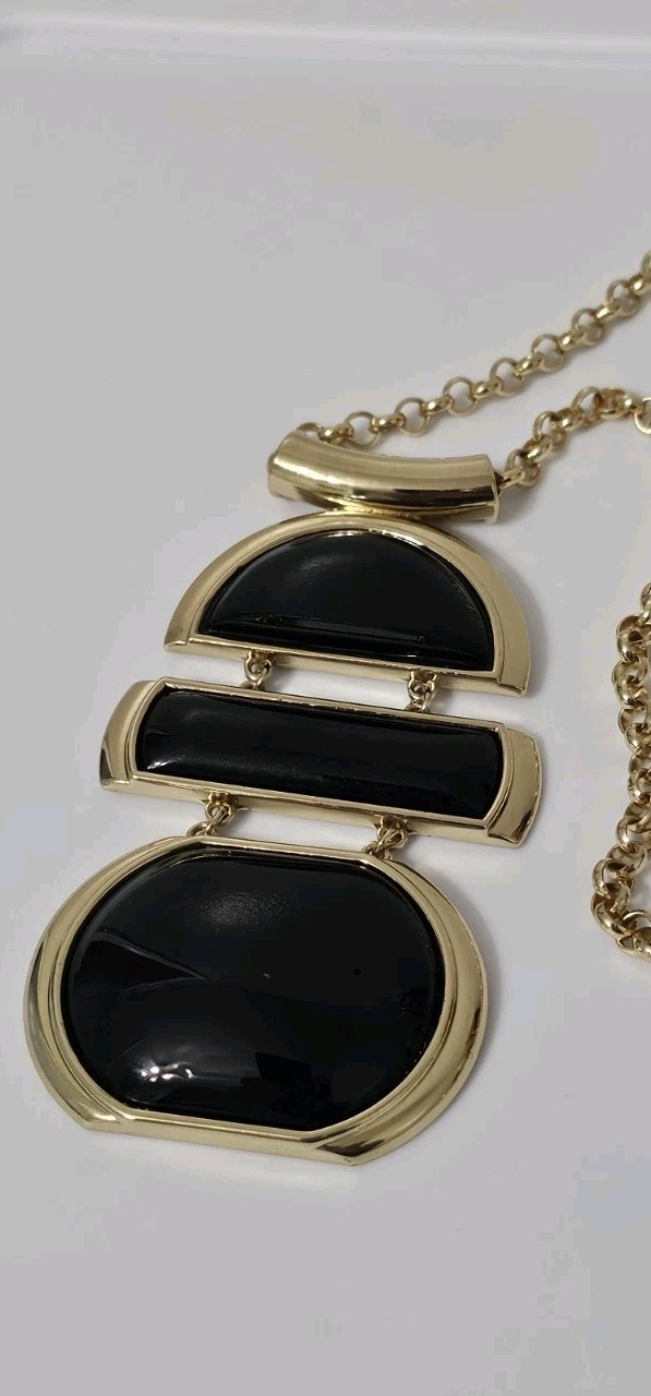 Chicos Gold Black Enamel Statement Necklace Geometric Bib Pendant Rolo Chain 24″